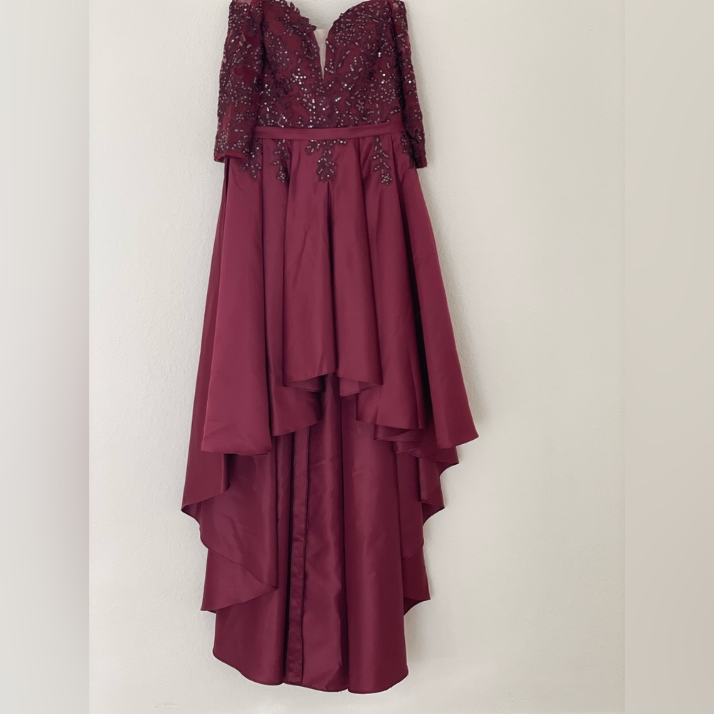 Cabernet, A-line Off the Shoulder Asymmetrical Lace Satin With Sequins